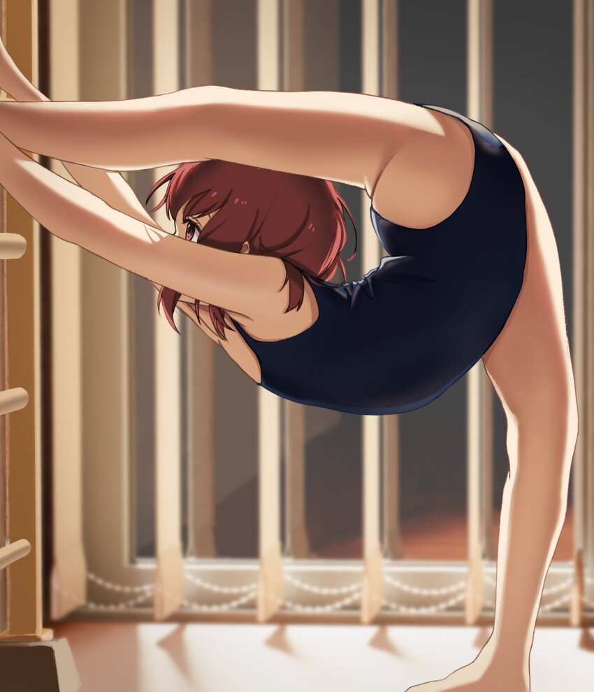1girl, absurdres, ass, athletic_leotard, bare_legs, barefoot, blurry, blurry_background, breasts, brown_eyes, brown_hair, contortion, contortiong, depth_of_field, flexible, highres, ladder, leotard, original, oversplit, short_hair, small_breasts, solo, split, standing, standing_on_one_leg, standing_split, stretching, thighs