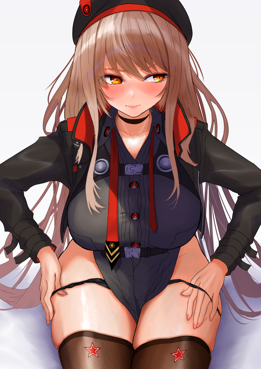 1girl, absurdres, averting_eyes, beret, black_choker, black_headwear, black_jacket, black_panties