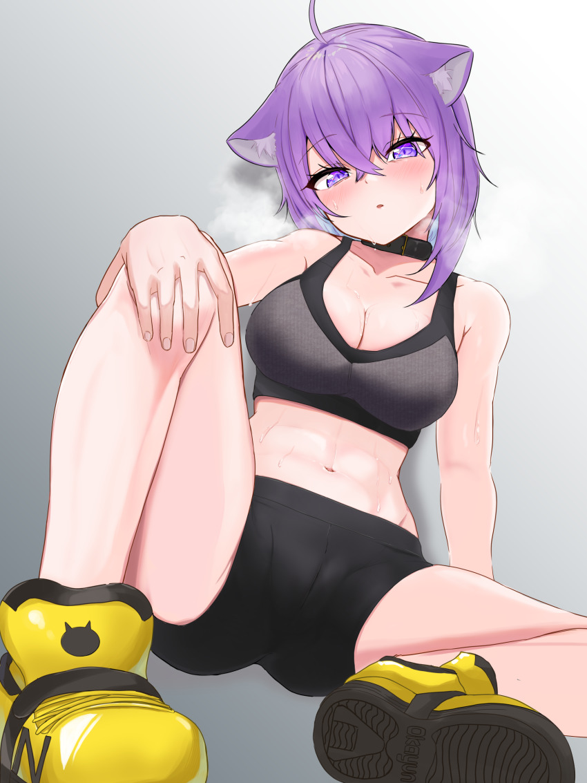 1girl, abs, absurdres, ahoge, alternate_costume, animal_ear_fluff, animal_ears, asymmetrical_hair, black_bra, black_collar, black_shorts, blush, bra, breasts, breath, cat_ears, cat_girl, cleavage, collar, commentary, crossed_bangs, crotch_seam, full_body, grey_background, hair_between_eyes, hand_on_own_knee, head_tilt, highres, hololive, knee_up, looking_at_viewer, maramuya, medium_breasts, medium_hair, navel, nekomata_okayu, parted_lips, purple_eyes, purple_hair, shoes, short_shorts, shorts, simple_background, sitting, sneakers, solo, sports_bra, sportswear, sweat, underwear, virtual_youtuber, yellow_shoes