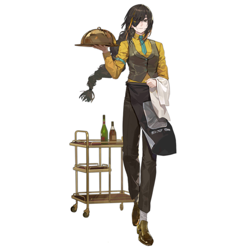 1girl, alcohol, apron, aqua_necktie, artist_request, black_apron, bottle, braid, brown_pants, brown_vest, closed_mouth, eyepatch, full_body, girls'_frontline, grey_eyes, highres, holding, holding_towel, holding_tray, long_hair, long_sleeves, looking_at_viewer, m16a1_(fairy_kingdom_brew)_(girls'_frontline), m16a1_(girls'_frontline), mole, mole_under_eye, necktie, official_alternate_costume, official_art, pants, scar, scar_across_eye, scar_on_face, serving_cart, serving_dome, shirt, shoes, simple_background, smile, socks, standing, third-party_source, towel, towel_on_arm, transparent_background, tray, very_long_hair, vest, waist_apron, waiter, white_socks, wine, wine_bottle, yellow_shirt, yellow_shoes