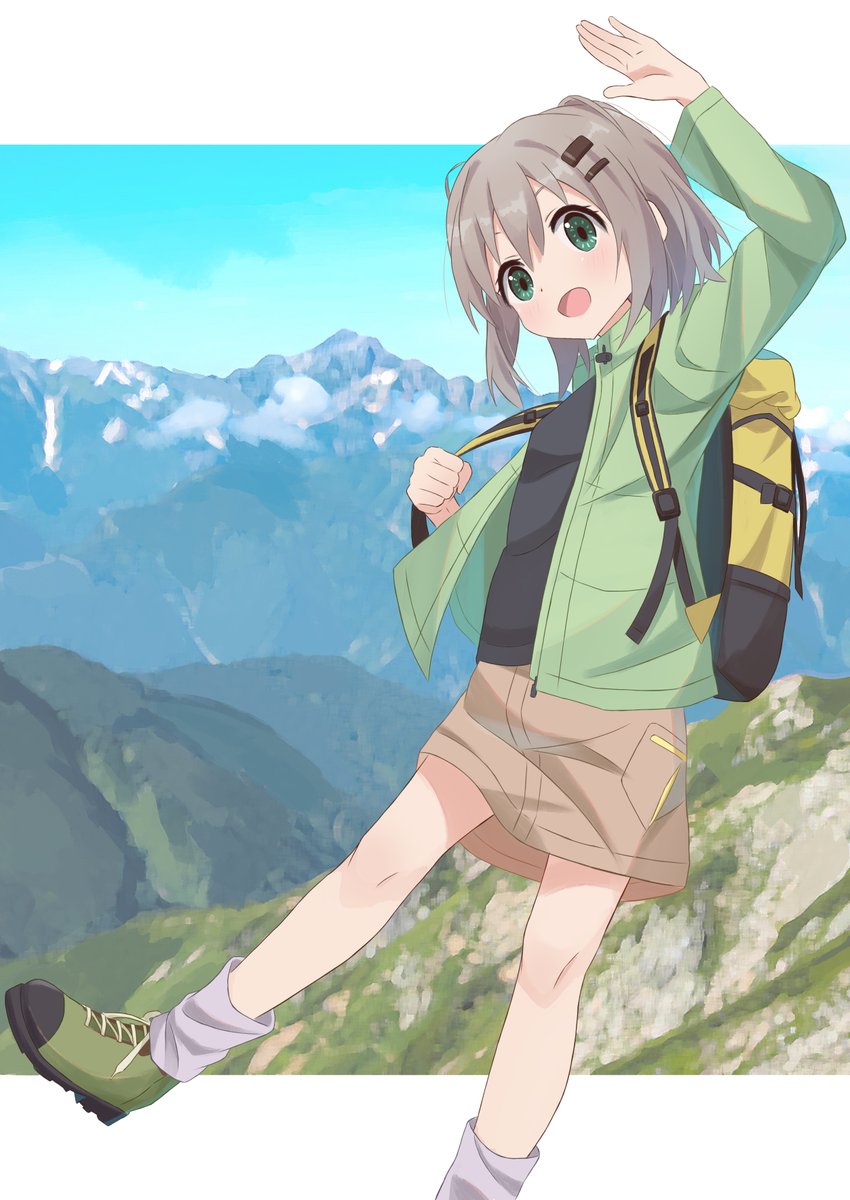 1girl, arm_up, backpack, bag, black_shirt, blush, boots, chinosuke_(cs4126)