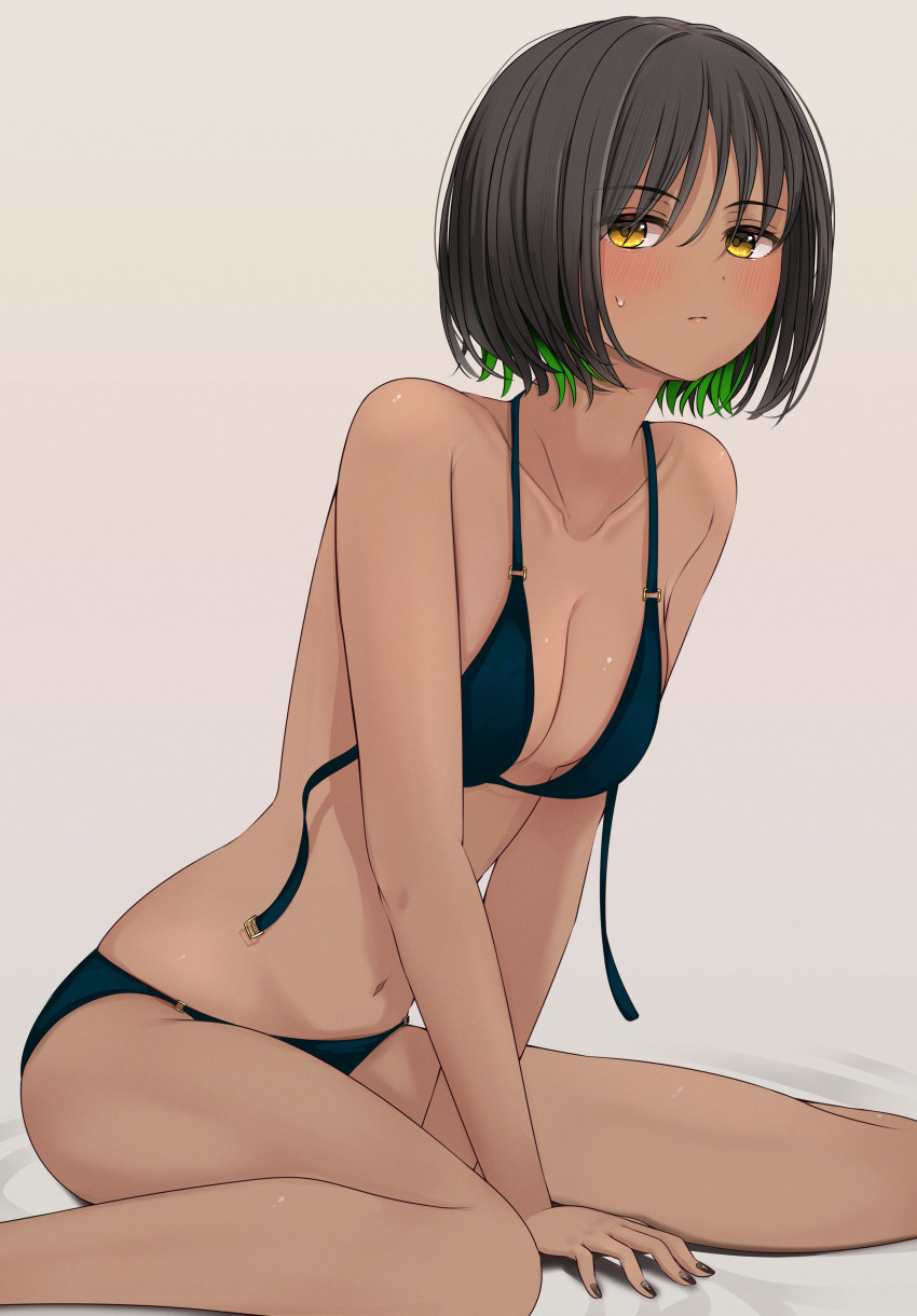 1girl, absurdres, arm_support, bikini, black_bikini, black_hair, black_nails, breasts