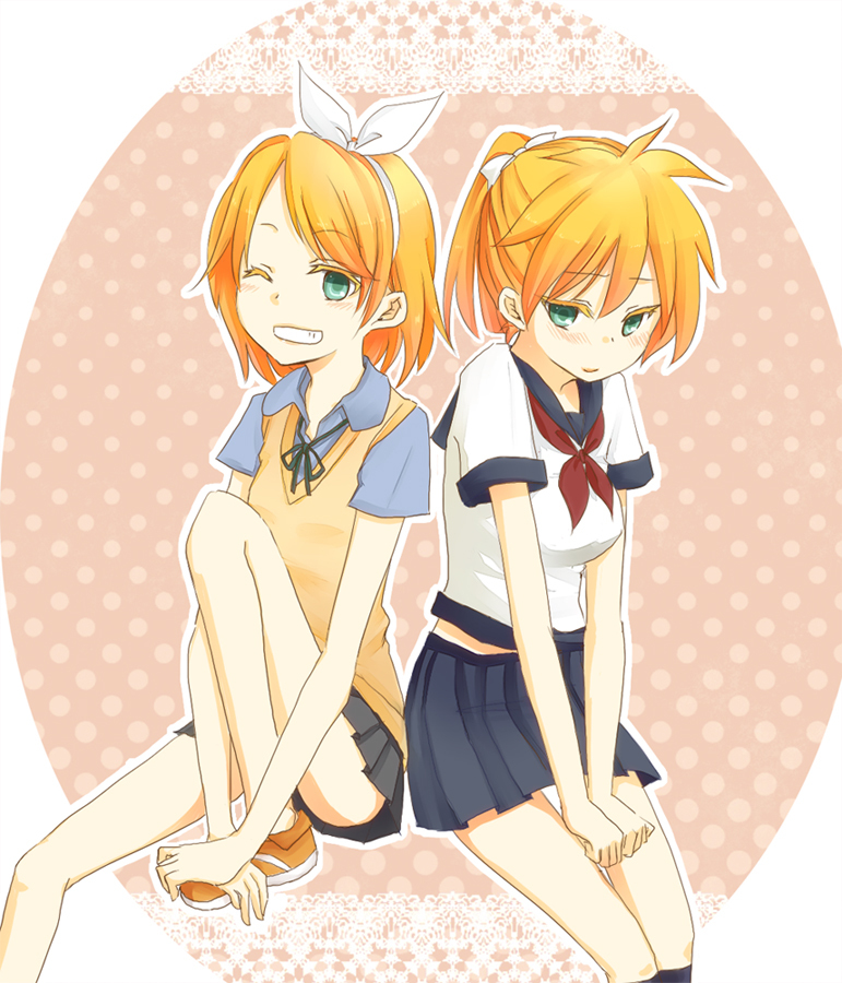 2girls, bad_id, bad_pixiv_id, blonde_hair, genderswap, genderswap_(mtf), kagamine_len, kagamine_lenka, kagamine_rin, multiple_girls, one_eye_closed, ponytail, riku_manoue, school_uniform, short_hair, siblings, simple_background, skirt, smile, trap, twins, vocaloid, wink