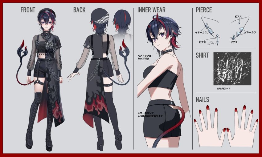 1girl, asymmetrical_clothes, asymmetrical_horns, bandeau, black_bandeau, black_choker, black_footwear, black_hat