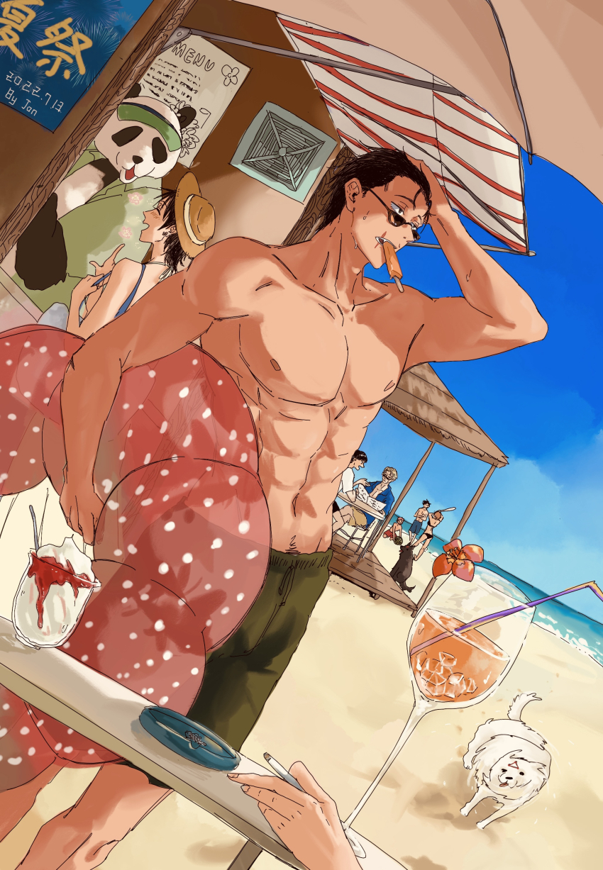 2girls, 6+boys, abs, absurdres, alternate_costume, black_hair, blurry, cigarette