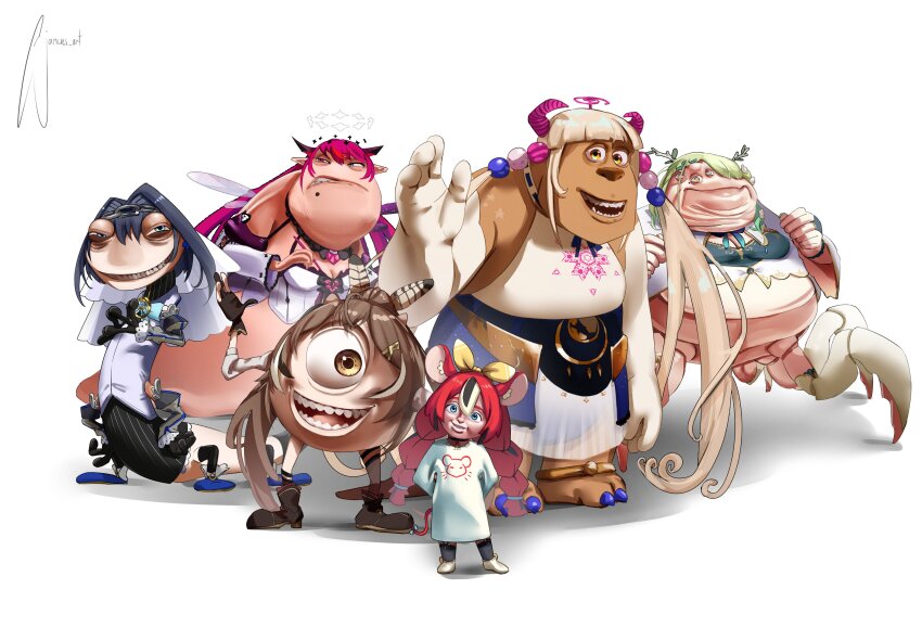 2girls, 4boys, absurdres, antlers, arthropod_boy, blue_eyes, blue_hair, boo_(monsters_inc.)