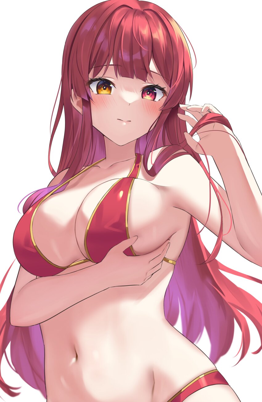 1girl, absurdres, bikini, blush, breasts, cleavage, hand_on_own_chest, heterochromia
