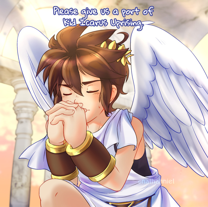 1boy, ahoge, angel, angel_wings, artist_name, brown_hair, closed_eyes, english_text, highres, kid_icarus, kid_icarus_uprising, laurel_crown, male_focus, nat_(nathaniel), nintendo, own_hands_together, pit_(kid_icarus), scarf, solo, sweatdrop, vambraces, white_scarf, wings