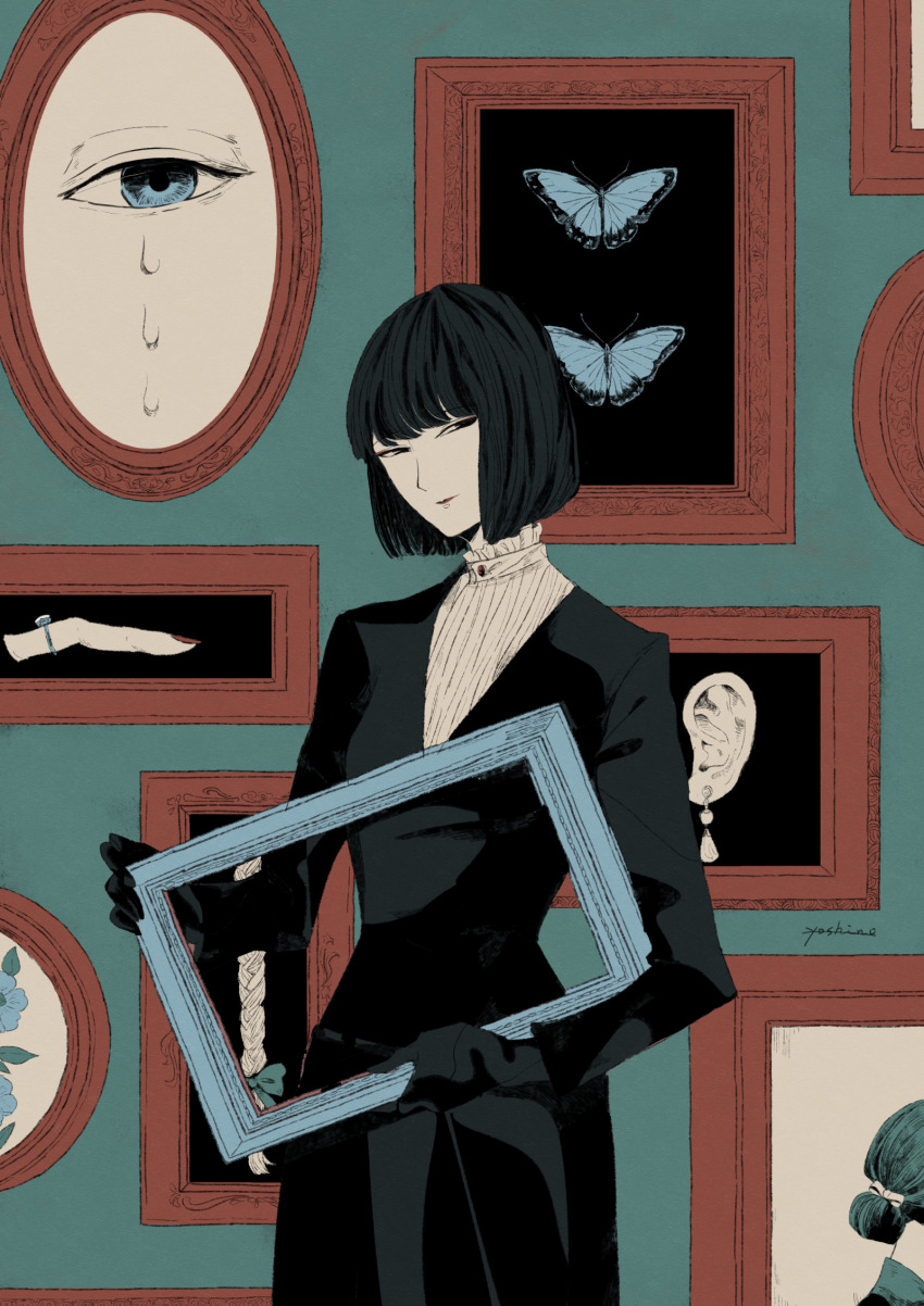 1girl, black_dress, black_eyes, black_gloves, black_hair, blue_butterfly, blue_eyes, blue_flower