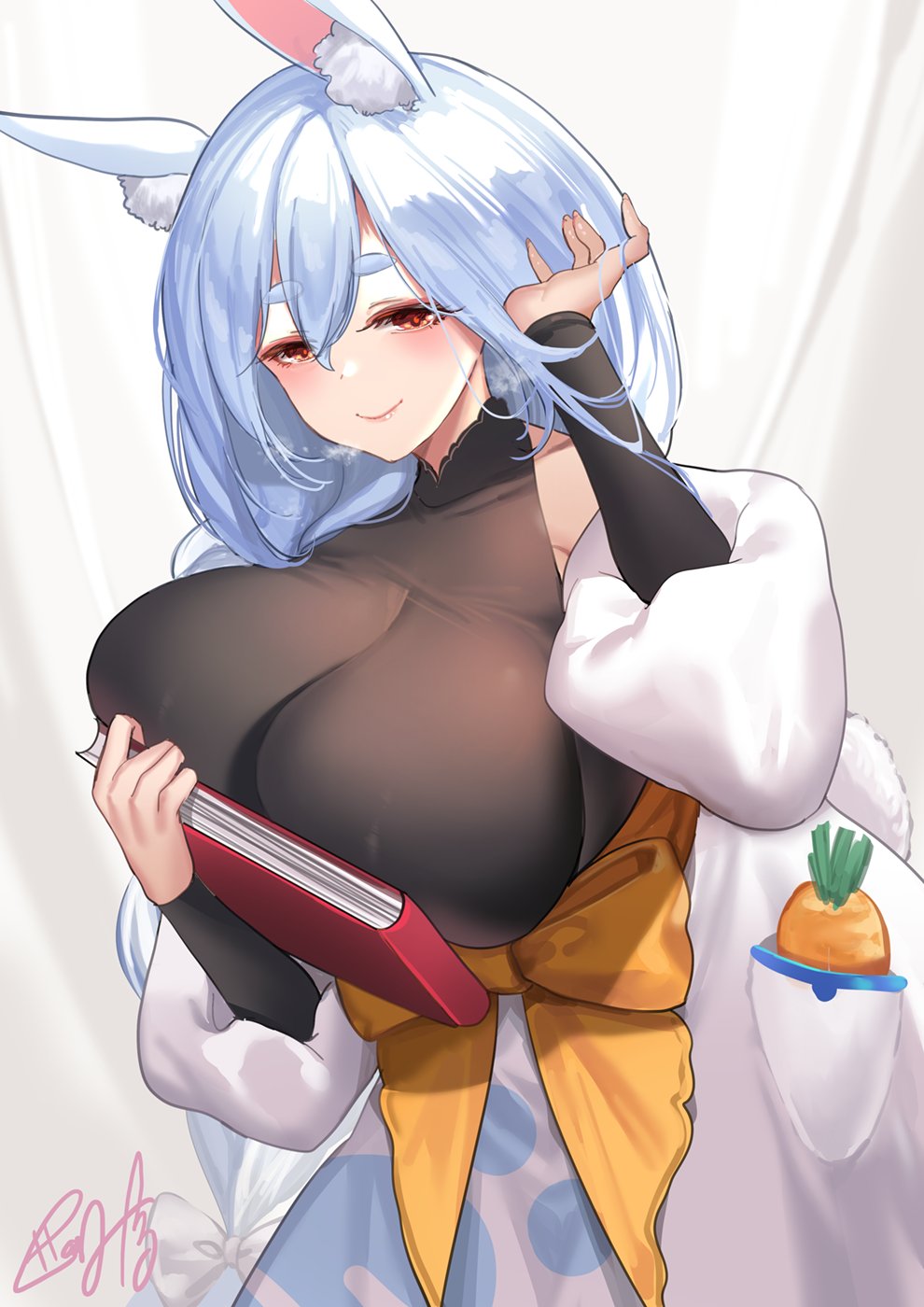 1girl, alternate_breast_size_(larger), animal_ear_fluff, animal_ears, apron, black_bodysuit, blue_hair, bodysuit