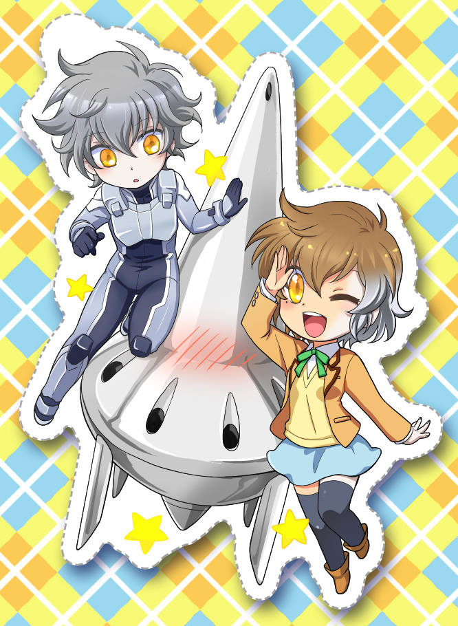 00s, 1boy, 1girl, amia_lee, blazer, blush, brown_hair, chibi