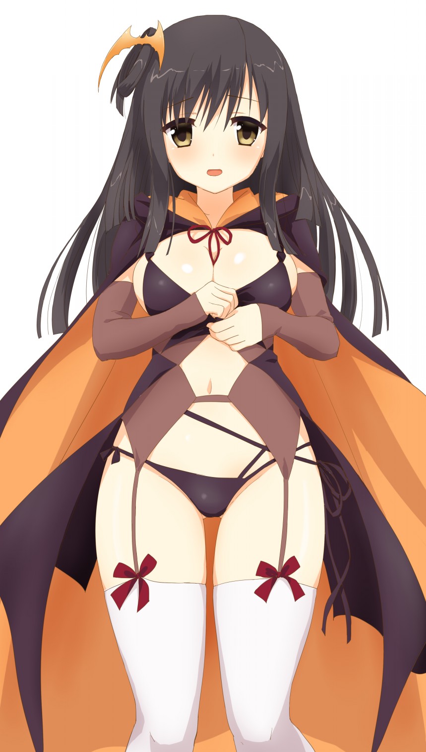 1girl, bat_hair_ornament, bikini, black_bikini, black_cloak, black_hair, blunt_ends, blush