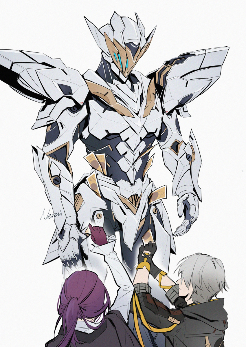 1boy, 1girl, 1other, absurdres, armor, caelus_(honkai:_star_rail), gloves, grey_hair, highres, honkai:_star_rail, honkai_(series), jacket, kafka_(honkai:_star_rail), money, nerevi, purple_gloves, purple_hair, sam_(honkai:_star_rail), shoulder_armor, signature, trailblazer_(honkai:_star_rail), white_background