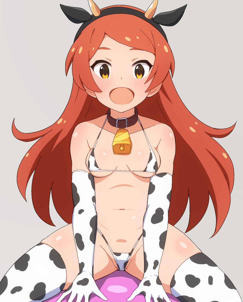 1girl, :d, animal_print, ball, bell, bikini, black_hairband, blush