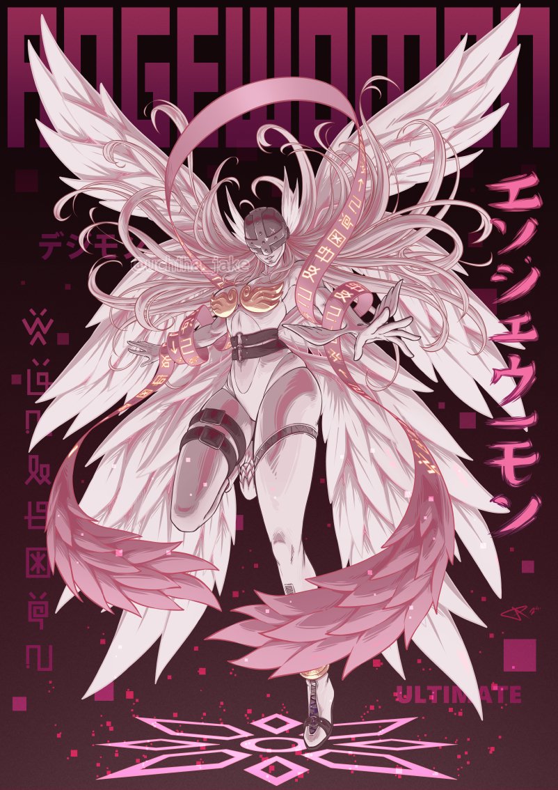 angel_wings, angewomon, armor, asymmetrical_legwear, bare_shoulders, blonde_hair, breastplate, breasts, character_name, clothing_cutout, covered_eyes, digimoji, digimon, digimon_(creature), digimon_adventure, feathered_wings, helmet, helmet_over_eyes, large_breasts, leg_belt, long_hair, multiple_wings, o-ring, pink_background, pink_ribbon, pink_theme, ribbon, stomach_cutout, twitter_username, uchiha_jake, white_wings, wings
