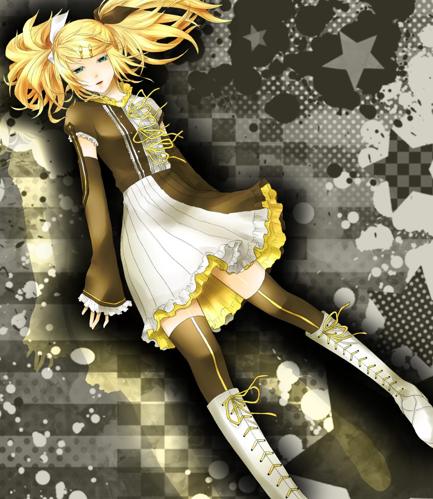 1girl, absurdres, alternate_hairstyle, aqua_eyes, blonde_hair, boots, checkered_background, colorized, detached_sleeves, dress, female_focus, fira_yuki, hair_ornament, hair_ribbon, hairclip, highres, kagamine_rin, kagamine_rin_(reactor), knee_boots, long_hair, open_mouth, ribbon, roshin_yuukai_(vocaloid), skirt, solo, thighhighs, twintails, vocaloid, zettai_ryouiki