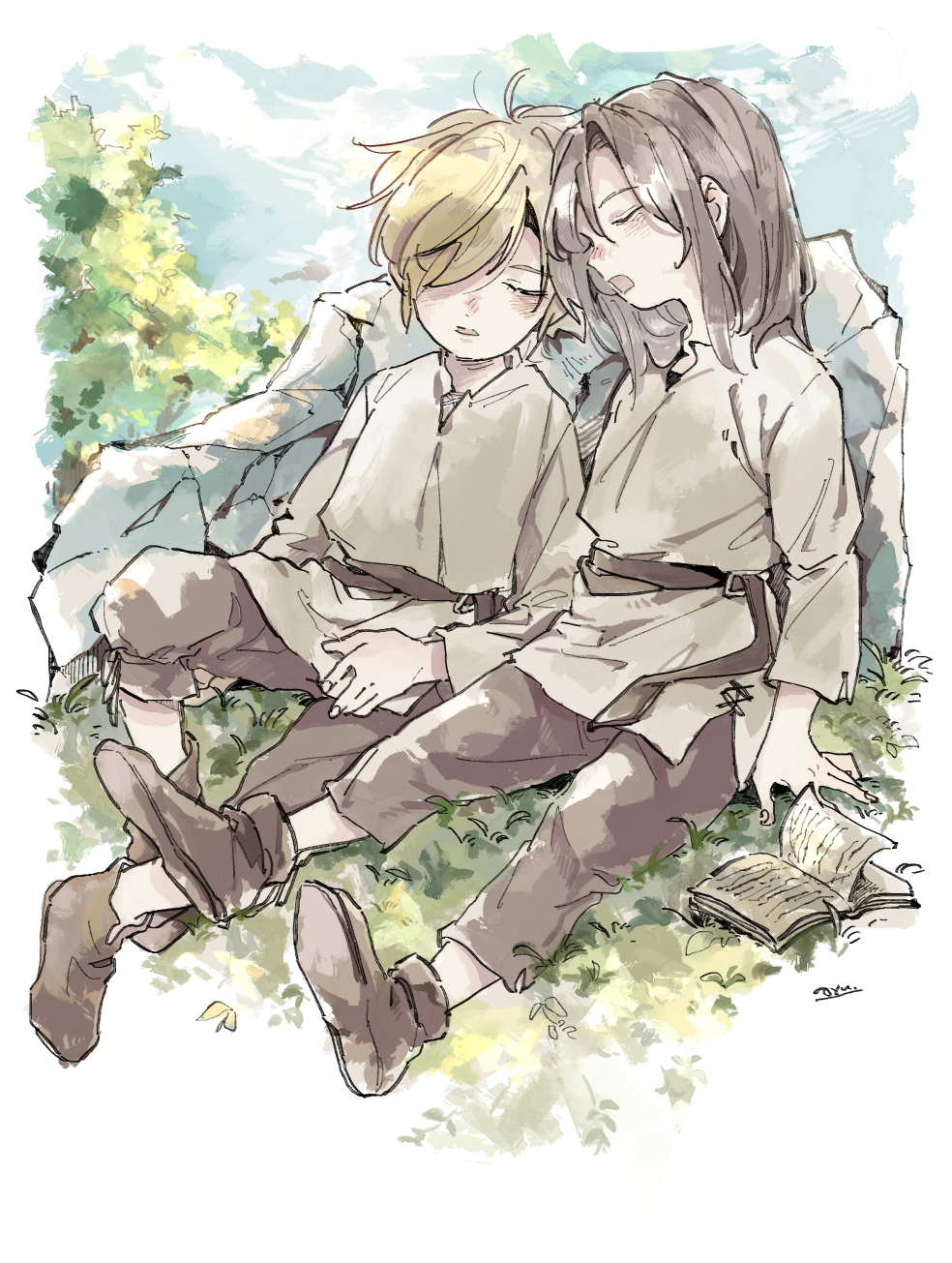 2boys, against_rock, aged_down, belt, black_hair, blonde_hair, blue_sky, book