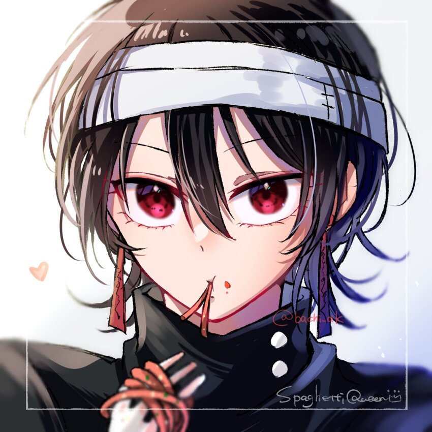 1girl, akanashi_(bachi_ak), bandaged_head, bandages, black_hair, earrings, eating, eyelashes