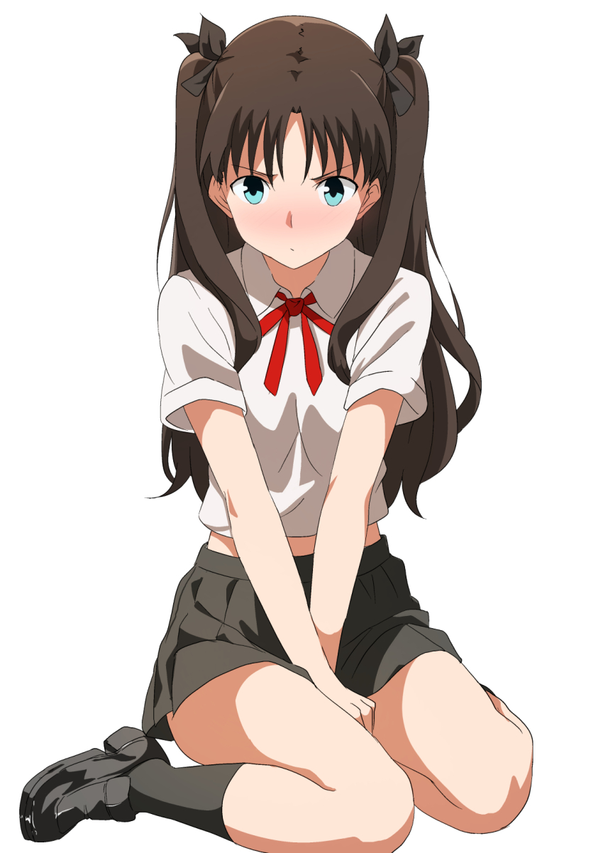1girl, between_legs, black_bow, black_ribbon, black_shoes, black_skirt, black_socks, blue_eyes, blush, bow, brown_hair, collared_shirt, commentary, covering_crotch, covering_privates, fate/stay_night, fate_(series), full_body, hair_bow, hair_ribbon, hand_between_legs, highres, kishishi_(kishiman-ya), kneehighs, loafers, long_hair, looking_at_viewer, midriff_peek, miniskirt, neck_ribbon, pleated_skirt, pout, red_ribbon, ribbon, shirt, shoes, short_sleeves, simple_background, sitting, skirt, socks, solo, thighs, tohsaka_rin, two_side_up, v_arms, wariza, white_background, white_shirt