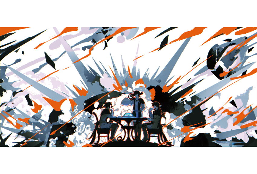 3girls, arm_behind_back, bird_girl, bird_tail, black_capelet, black_hair, capelet, chair