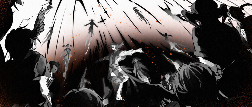 6+girls, bird_girl, bird_tail, bird_wings, black_capelet, black_hair, capelet, chinese_commentary