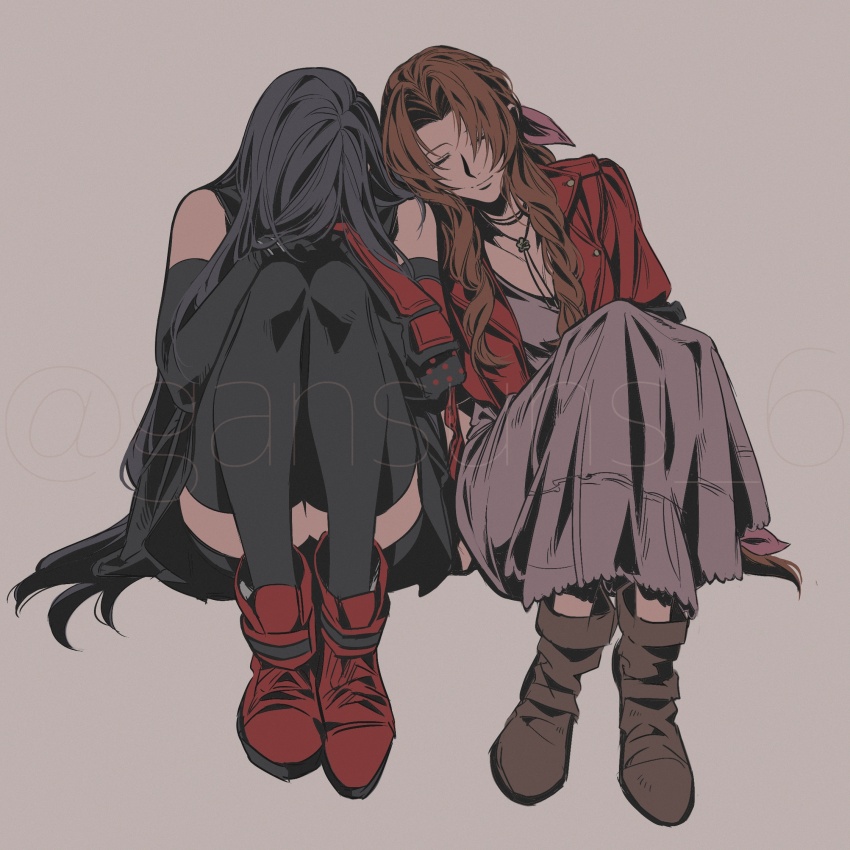 2girls, aerith_gainsborough, bare_shoulders, black_gloves, black_hair, black_shorts, black_skirt, black_thighhighs, boots, brown_footwear, brown_hair, choker, dress, elbow_gloves, elbow_pads, final_fantasy, final_fantasy_vii, final_fantasy_vii_rebirth, final_fantasy_vii_remake, flower_choker, full_body, gloves, grey_background, hair_over_face, hair_ribbon, highres, jacket, leaning_on_person, long_dress, long_hair, multiple_girls, parted_bangs, pink_dress, pink_ribbon, red_footwear, red_jacket, ribbon, roku_(gansuns), sad, shorts, sidelocks, single_elbow_pad, sitting, skirt, thighhighs, tifa_lockhart, twitter_username, wavy_hair