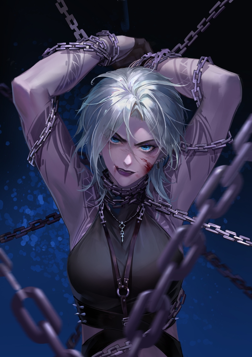 1girl, absurdres, aqua_hair, arm_tattoo, arms_up, bare_arms, black_gloves, blood, blood_on_face, blue_eyes, bound, breasts, chain, chained, chinese_commentary, commentary, cropped_shirt, fang, gloves, half_gloves, highres, jewelry, looking_at_viewer, medium_breasts, medium_hair, midriff, necklace, path_to_nowhere, purple_lips, qingci, restrained, shirt, sleeveless, sleeveless_shirt, smile, solo, tattoo, tied_up_(nonsexual), upper_body, zoya_(path_to_nowhere)