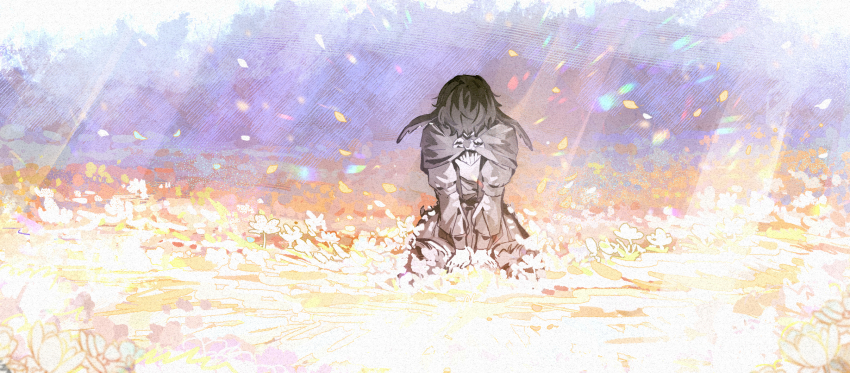 1girl, arms_between_legs, between_legs, bird_girl, black_capelet, black_hair, brooch, capelet