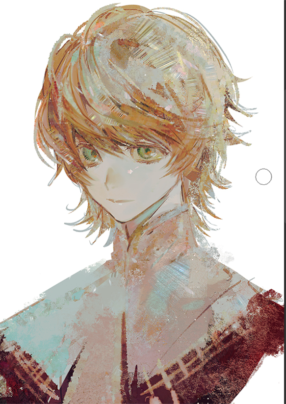 1boy, blonde_hair, child, closed_mouth, collar, final_fantasy, final_fantasy_xvi, green_eyes, hair_between_eyes, joshua_rosfield, looking_to_the_side, male_focus, messy_hair, portrait, red_shirt, shirt, short_hair, sketch, skraksff, solo, upper_body, white_background, white_collar
