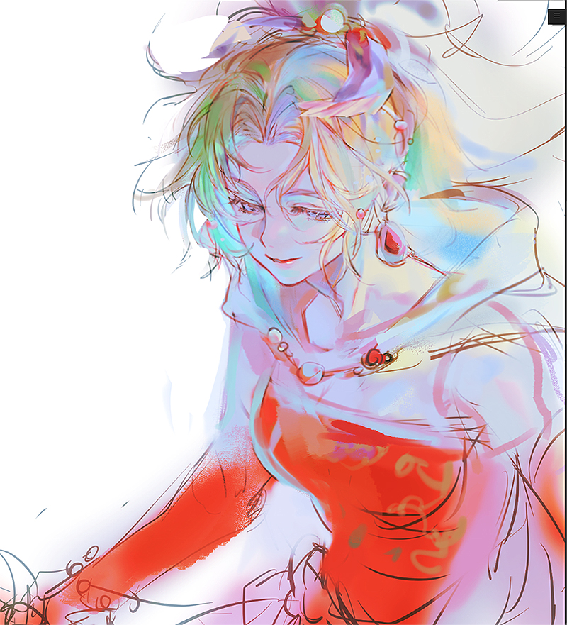 1girl, blue_eyes, breasts, cape, detached_sleeves, dress, earrings, final_fantasy, final_fantasy_vi, floating_earrings, green_hair, hair_bobbles, hair_ornament, hair_ribbon, jewelry, long_hair, medium_breasts, parted_bangs, ponytail, red_dress, red_sleeves, ribbon, sketch, skraksff, smile, strapless, strapless_dress, tina_branford, tube_dress, upper_body, wavy_hair, white_background