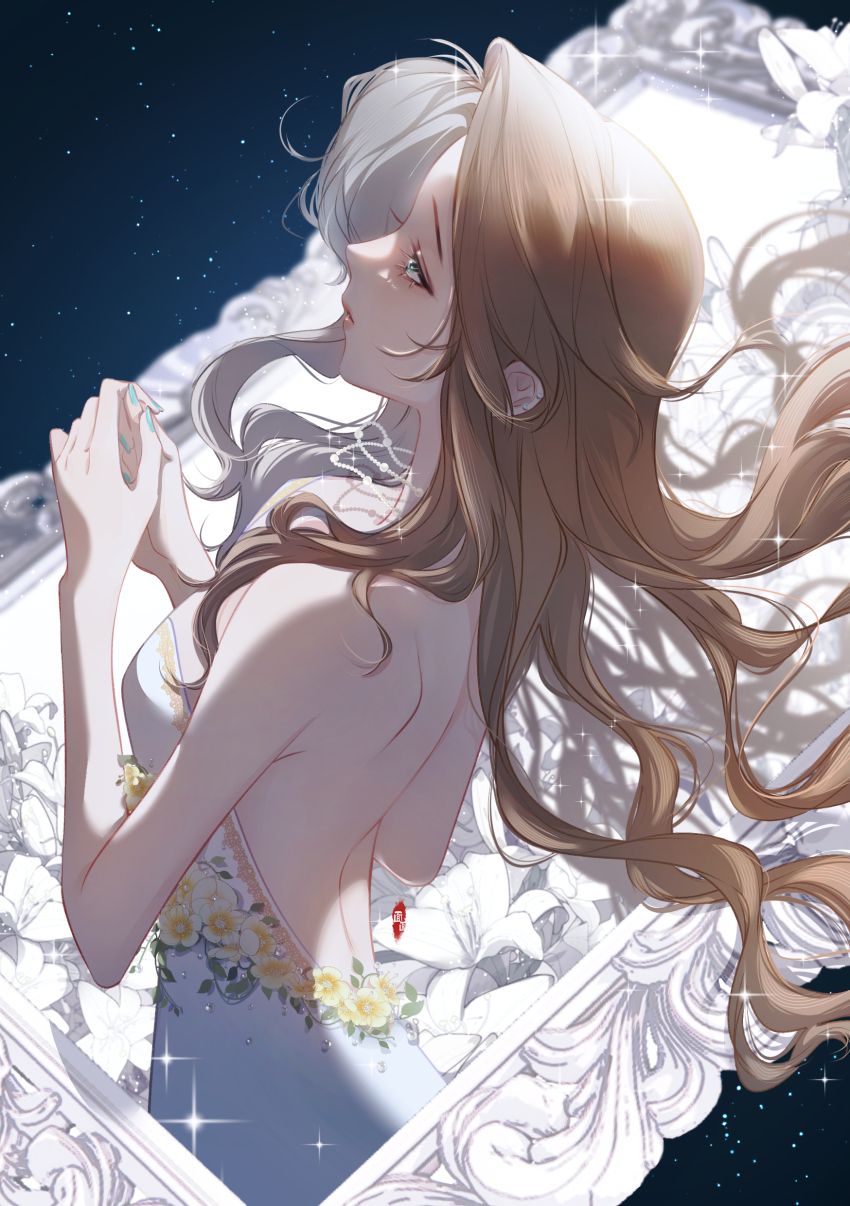 1girl, absurdres, aerith_gainsborough, aerith_gainsborough_(white_floral_dress), aqua_nails, backless_dress, backless_outfit, bare_arms