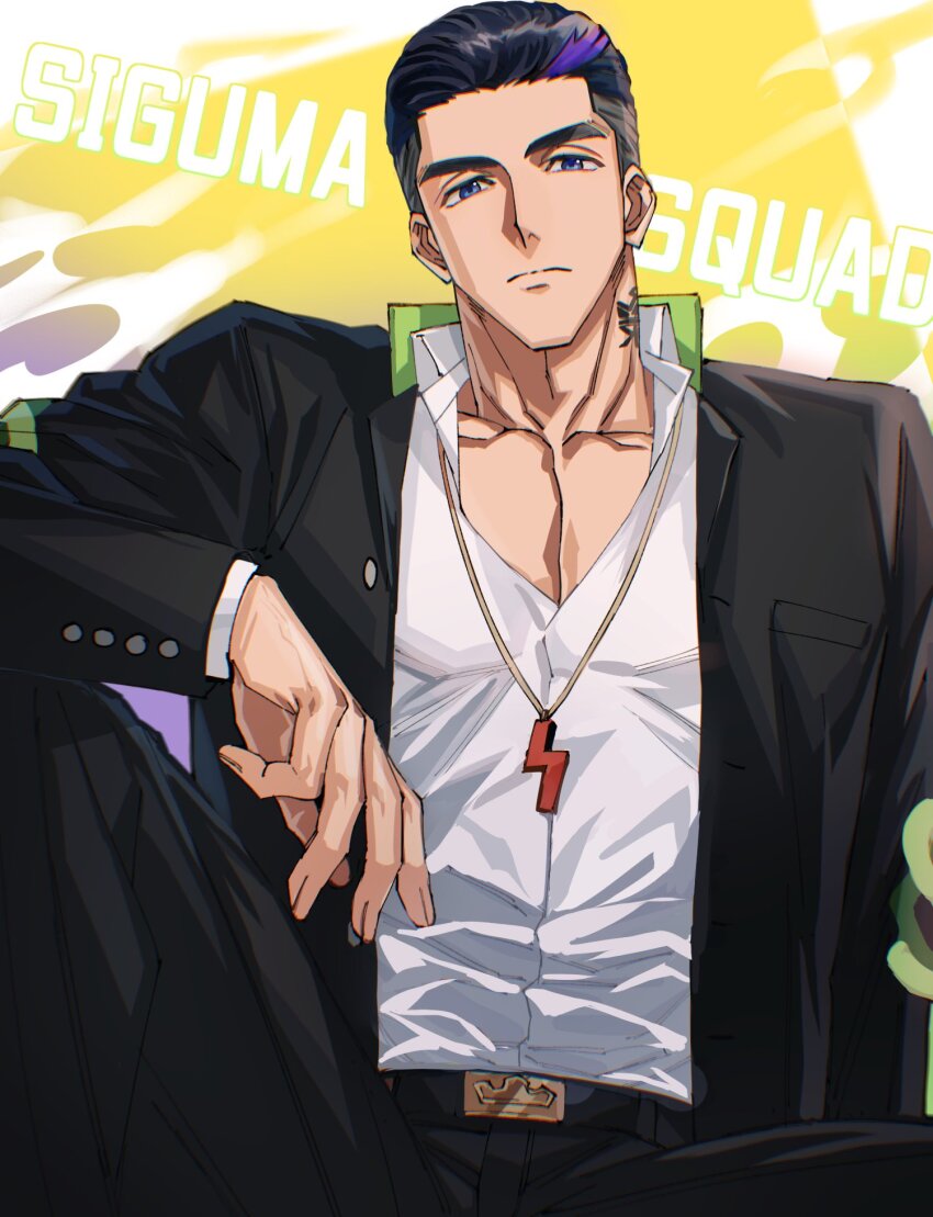 1boy, bara, black_hair, blue_eyes, bucchigiri?!, cowboy_shot, domo_(domo_kizusuki), english_text