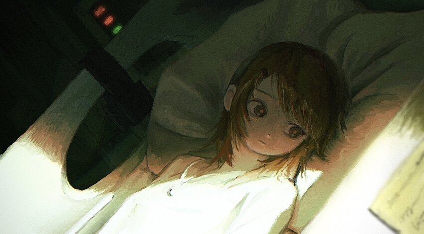 1girl, a.i._voice, adachi_rei, alternate_costume, bed, black_eyes, closed_mouth, commentary