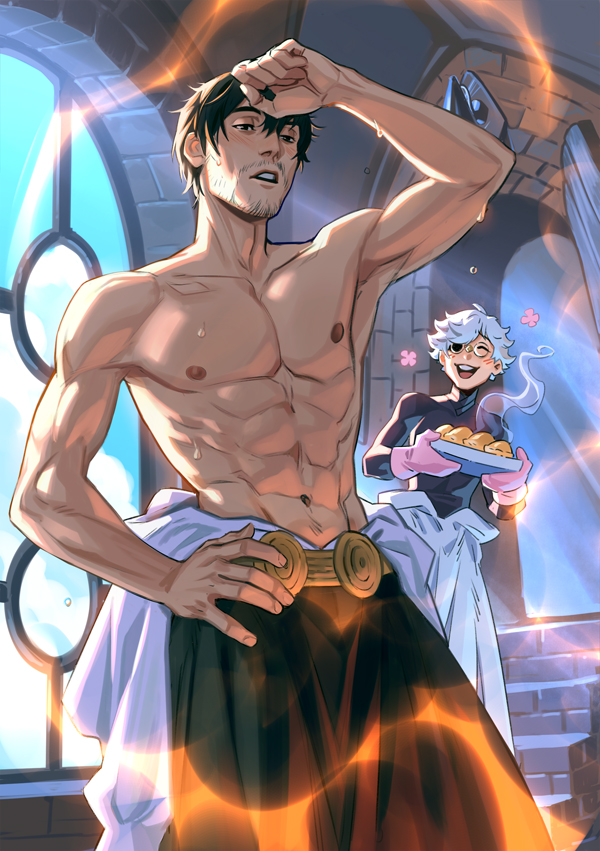 2boys, black_hair, brick, facial_hair, fire, hand_on_own_hip, kaysd999, male_focus