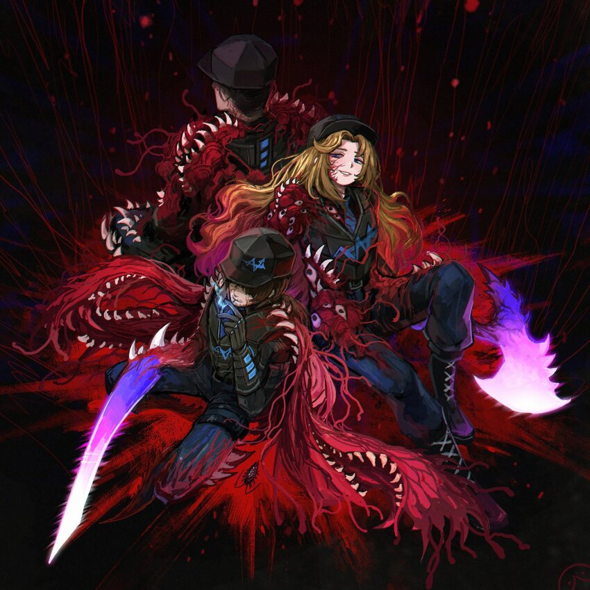 1girl, 2boys, arthropod_limbs, axe, baseball_cap, black_footwear, black_gloves, blue_eyes