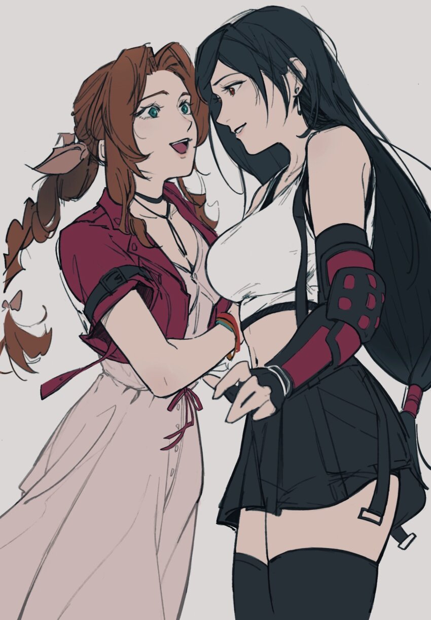 2girls, aerith_gainsborough, bangle, black_bra, black_gloves, black_hair, black_skirt, black_thighhighs