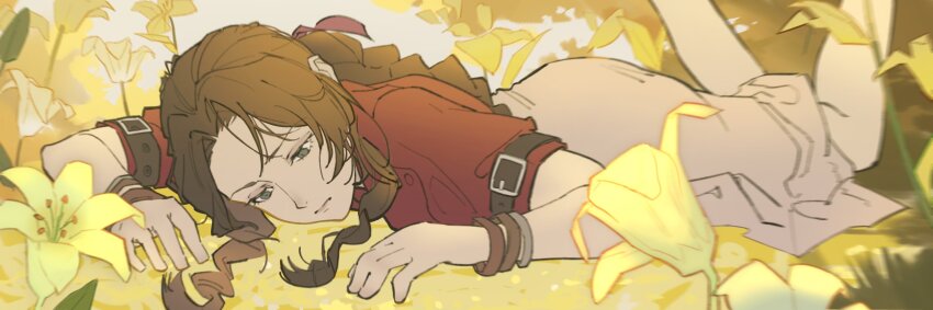 1girl, absurdres, aerith_gainsborough, bangle, bracelet, braid, braided_ponytail, closed_mouth, dress, feet_out_of_frame, feet_up, field, final_fantasy, final_fantasy_vii, final_fantasy_vii_rebirth, final_fantasy_vii_remake, flower, flower_field, green_eyes, hair_ribbon, half-closed_eyes, haru_udon, highres, jacket, jewelry, lily_(flower), long_dress, long_hair, lying, on_stomach, parted_bangs, pink_dress, pink_ribbon, red_jacket, ribbon, short_sleeves, sidelocks, single_braid, solo, wavy_hair, yellow_flower