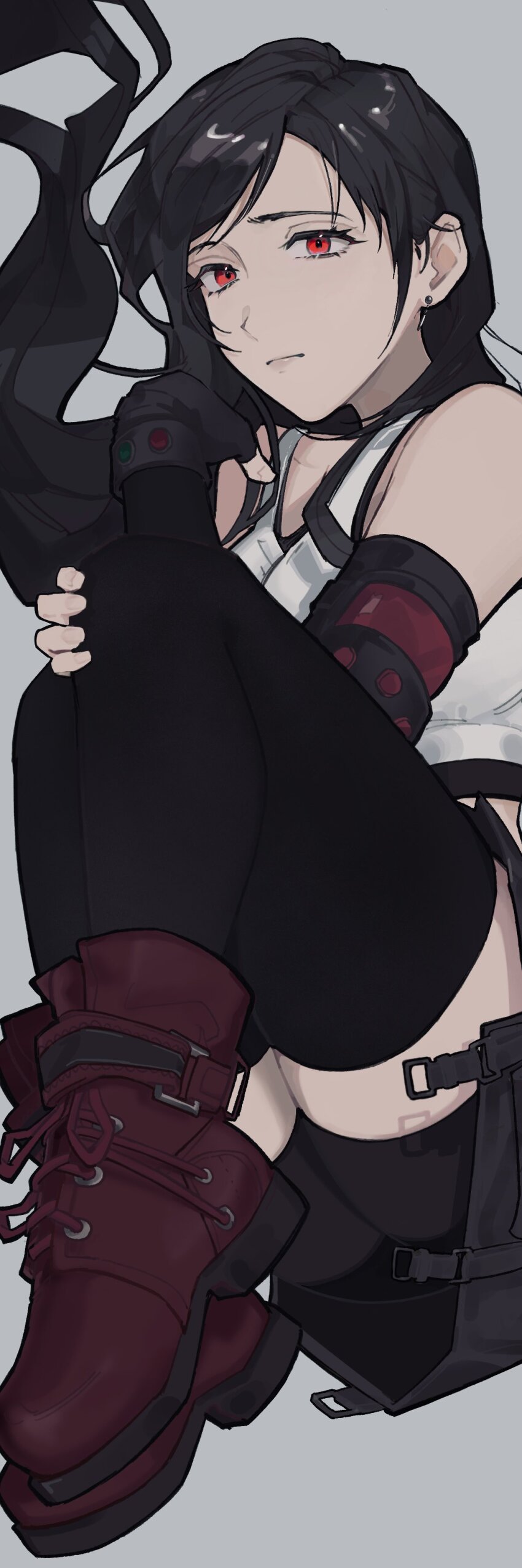 1girl, absurdres, bare_shoulders, bike_shorts, black_bra, black_gloves, black_hair, black_shorts