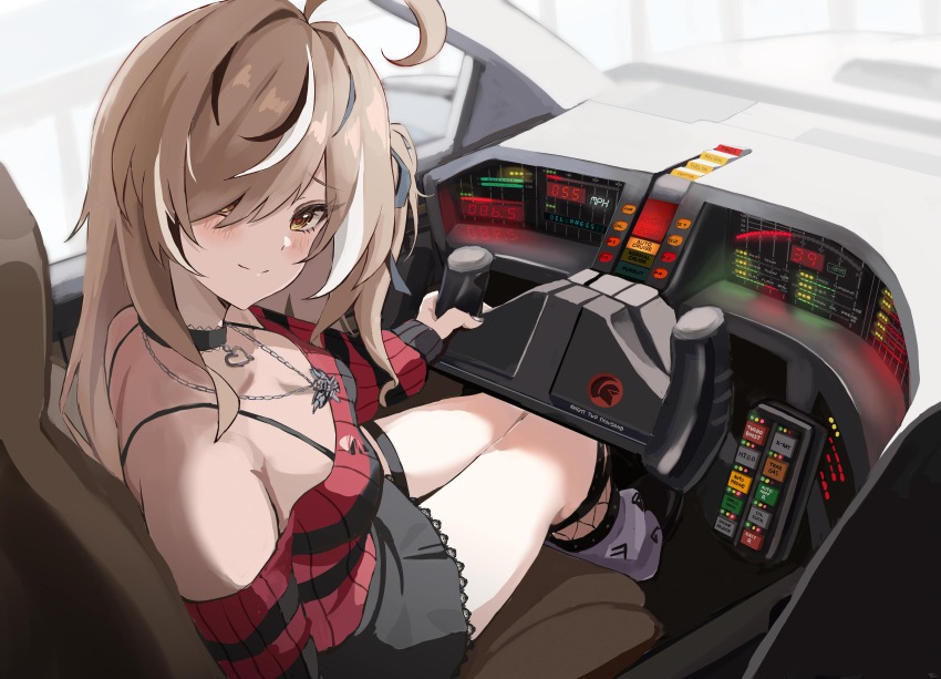 1girl, absurdres, ahoge, black_boots, black_choker, black_hair, black_ribbon, black_skirt, black_sweater, blush, boots, breasts, brown_eyes, brown_hair, choker, cleavage, hair_over_one_eye, hair_ribbon, highres, hololive, hololive_english, jewelry, knight_2000, knight_rider, lace-trimmed_choker, lace_trim, leg_warmers, long_hair, looking_at_viewer, medium_breasts, nanashi_mumei, nanashi_mumei_(emo), necklace, official_alternate_costume, red_sweater, ribbon, skirt, smile, solo, striped_clothes, striped_sweater, sweater, thigh_strap, torn_clothes, torn_sweater, virtual_youtuber, white_hair, white_leg_warmers, yato_(yama0x1)