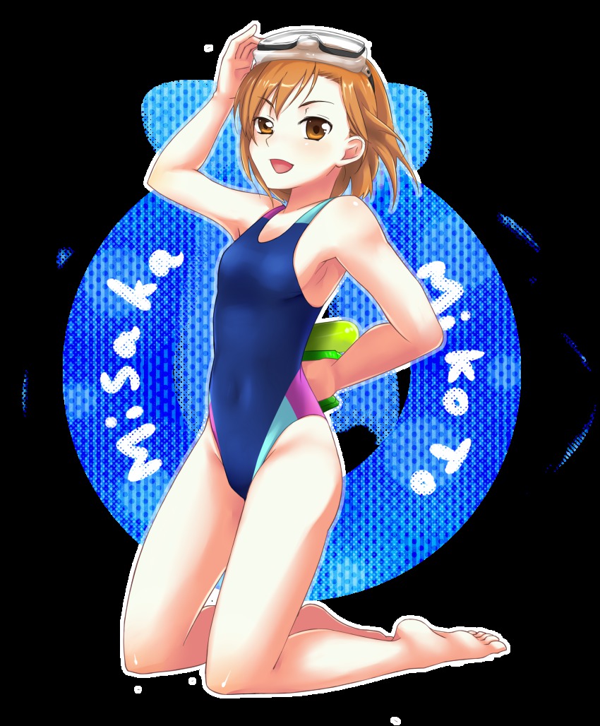 1girl, 24a, armpits, barefoot, brown_eyes, brown_hair, competition_swimsuit, diving_mask