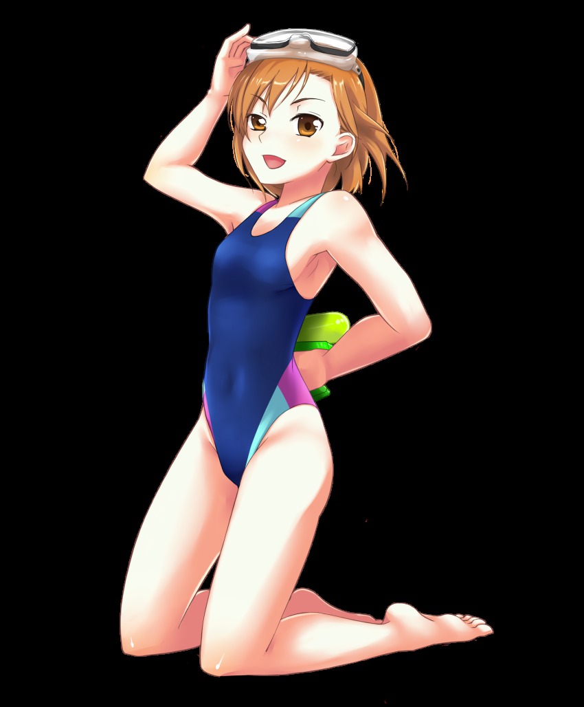 1girl, 24a, armpits, barefoot, brown_eyes, brown_hair, competition_swimsuit, diving_mask, female_focus, flat_chest, full_body, goggles, highleg, highleg_one-piece_swimsuit, highres, kneeling, misaka_mikoto, one-piece_swimsuit, revision, salute, short_hair, solo, swimsuit, toaru_kagaku_no_railgun, toaru_majutsu_no_index, transparent_background, water_gun