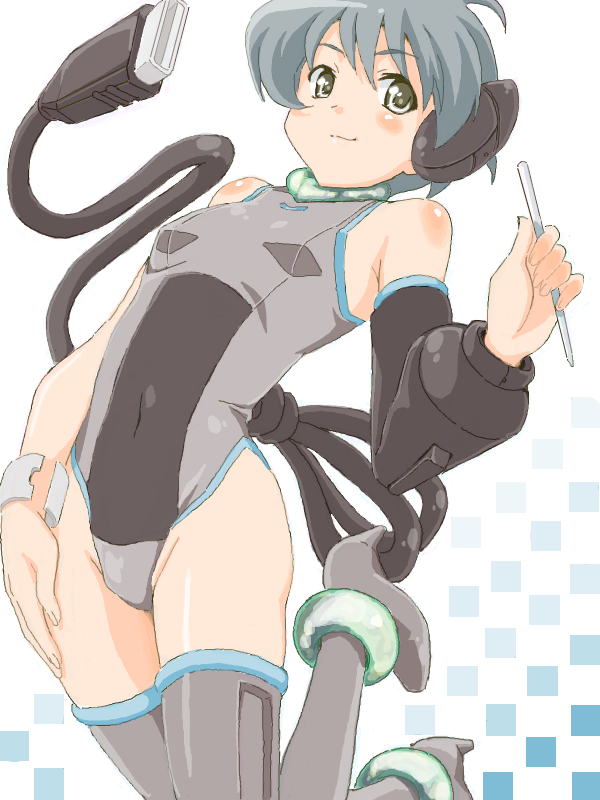 1girl, bad_drawr_id, bad_id, blue_background, cable, character_request, copyright_request, covered_navel