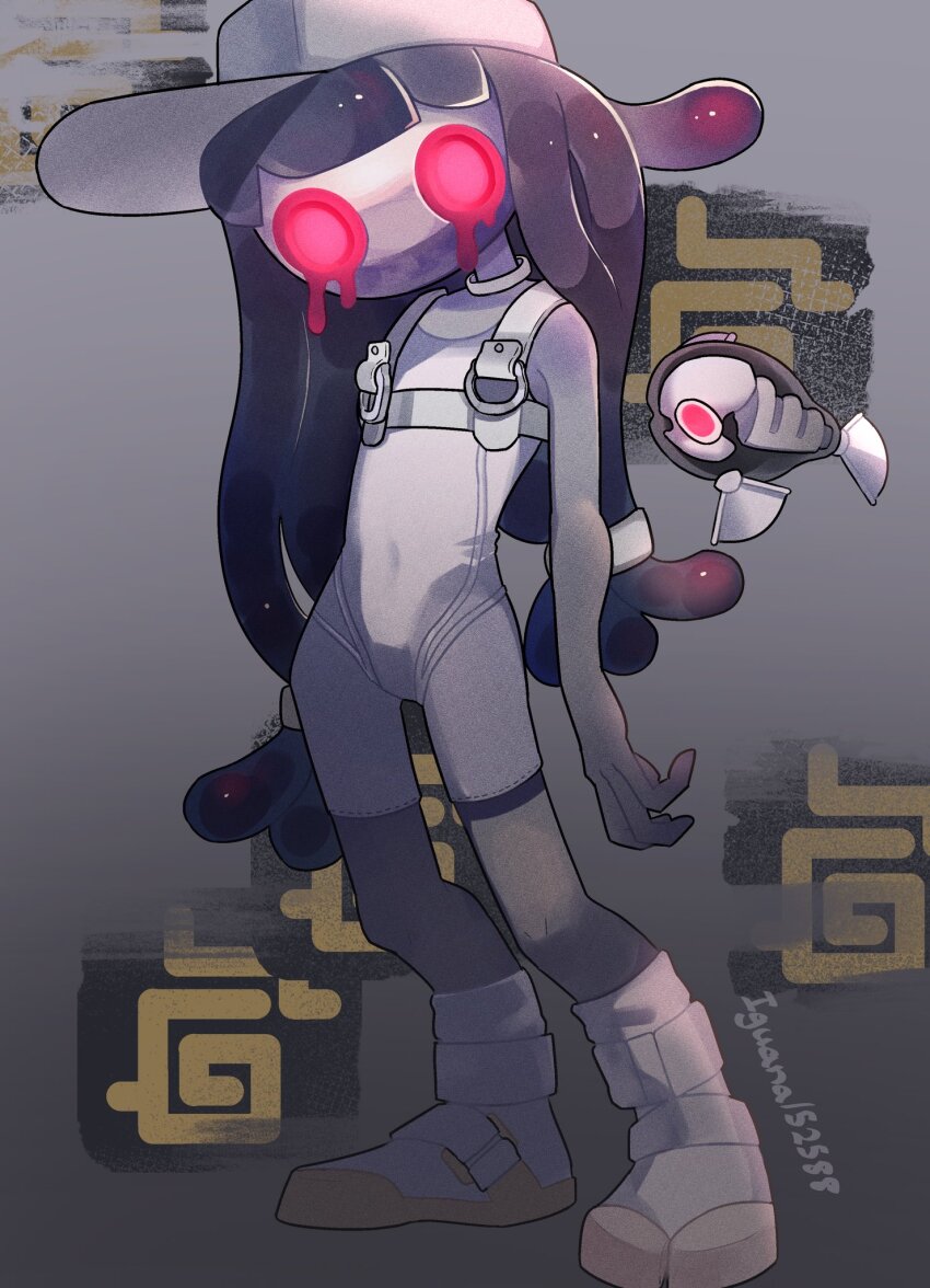 1girl, baseball_cap, bodysuit, commentary, cosplay, english_commentary, full_body, gradient_background, grey_background, harmony's_clownfish_(splatoon), harmony_(splatoon), hat, highres, iguana152588, jelleton, nintendo, parallel_canon_(splatoon), red_eyes, shoes, simple_background, sleeveless, sleeveless_bodysuit, socks, solo, splatoon_(series), splatoon_3, splatoon_3:_side_order, standing, swarming_languendo, white_bodysuit, white_hat, white_shoes, white_socks