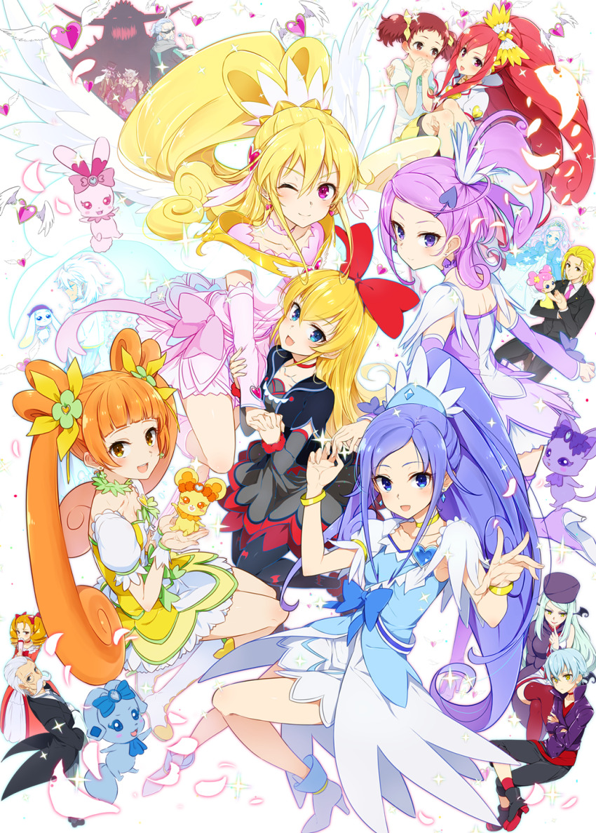 6+boys, 6+girls, ;), ai-chan_(precure), aida_mana, arm_grab, bebel_(dokidoki!_precure), bel_(precure), black_dress, black_pantyhose, blonde_hair, blue_dress, blue_eyes, blue_hair, bracelet, carrying, child_carry, choker, commentary, cure_ace, cure_diamond, cure_heart, cure_rosetta, cure_sword, davi_(precure), dokidoki!_precure, dress, earrings, floating, gula_(dokidoki!!_precure), hair_ornament, heart, heart_earrings, highres, hishikawa_rikka, ira_(precure), itsutsuboshi_reina, jewelry, joe_okada, kenzaki_makoto, king_jikochuu, leva_(dokidoki!_precure), long_hair, looking_at_viewer, madoka_aguri, magical_girl, mamo_(precure), marie_ange, marsh_(dokidoki!_precure), medium_dress, minatsuki_randoseru, morimoto_eru, multiple_boys, multiple_girls, one_eye_closed, orange_eyes, orange_hair, pantyhose, pink_dress, pink_eyes, ponytail, precure, princess_carry, purple_dress, purple_eyes, purple_hair, rakeru_(precure), rance_(precure), red_choker, regina_(precure), sebastian_(precure), sharuru_(precure), short_dress, short_hair, smile, swept_bangs, twintails, yellow_dress, yotsuba_alice