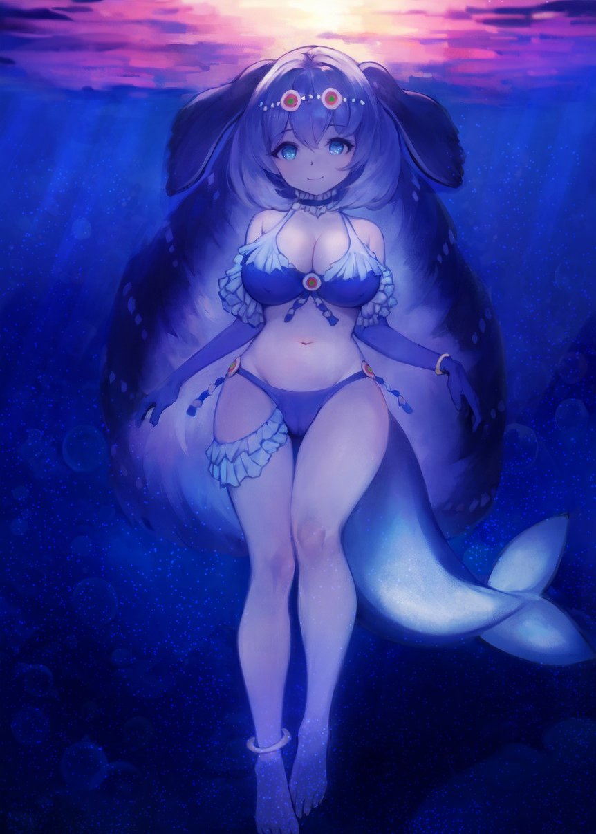 1girl, bikini, blue_bikini, blue_eyes, blue_hair, bracelet, cetacean_tail, choker