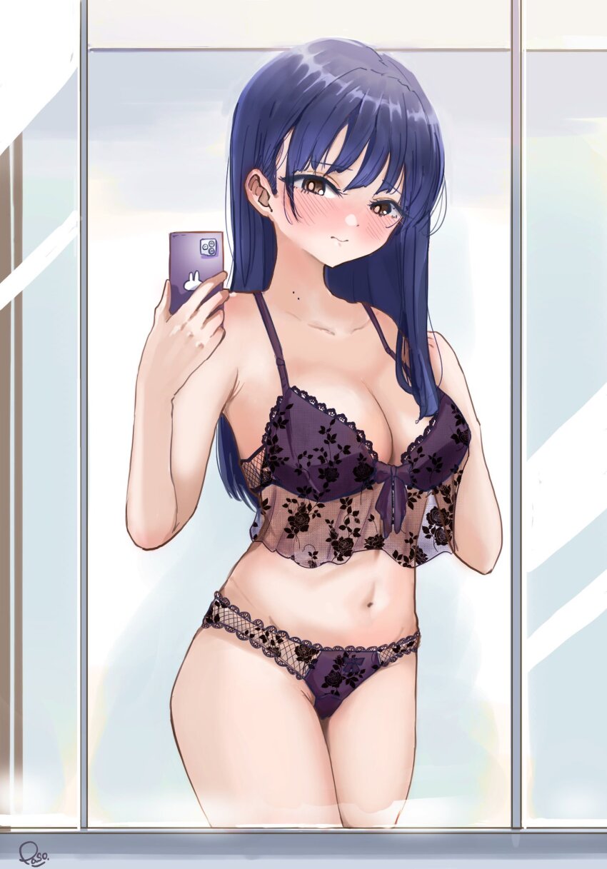 1girl, blue_hair, blush, boku_no_kokoro_no_yabai_yatsu, bow, bow_bra, bow_panties, bra, breasts, brown_eyes, cellphone, cleavage, closed_mouth, collarbone, cowboy_shot, dark_blue_hair, highres, holding, holding_phone, lace, lace_bra, lace_panties, large_breasts, long_hair, looking_at_viewer, mirror, mirror_selfie, mole, mole_on_neck, multiple_moles, navel, panties, paso, phone, purple_bra, purple_panties, reflection, selfie, signature, solo, taking_picture, underwear, underwear_only, yamada_anna