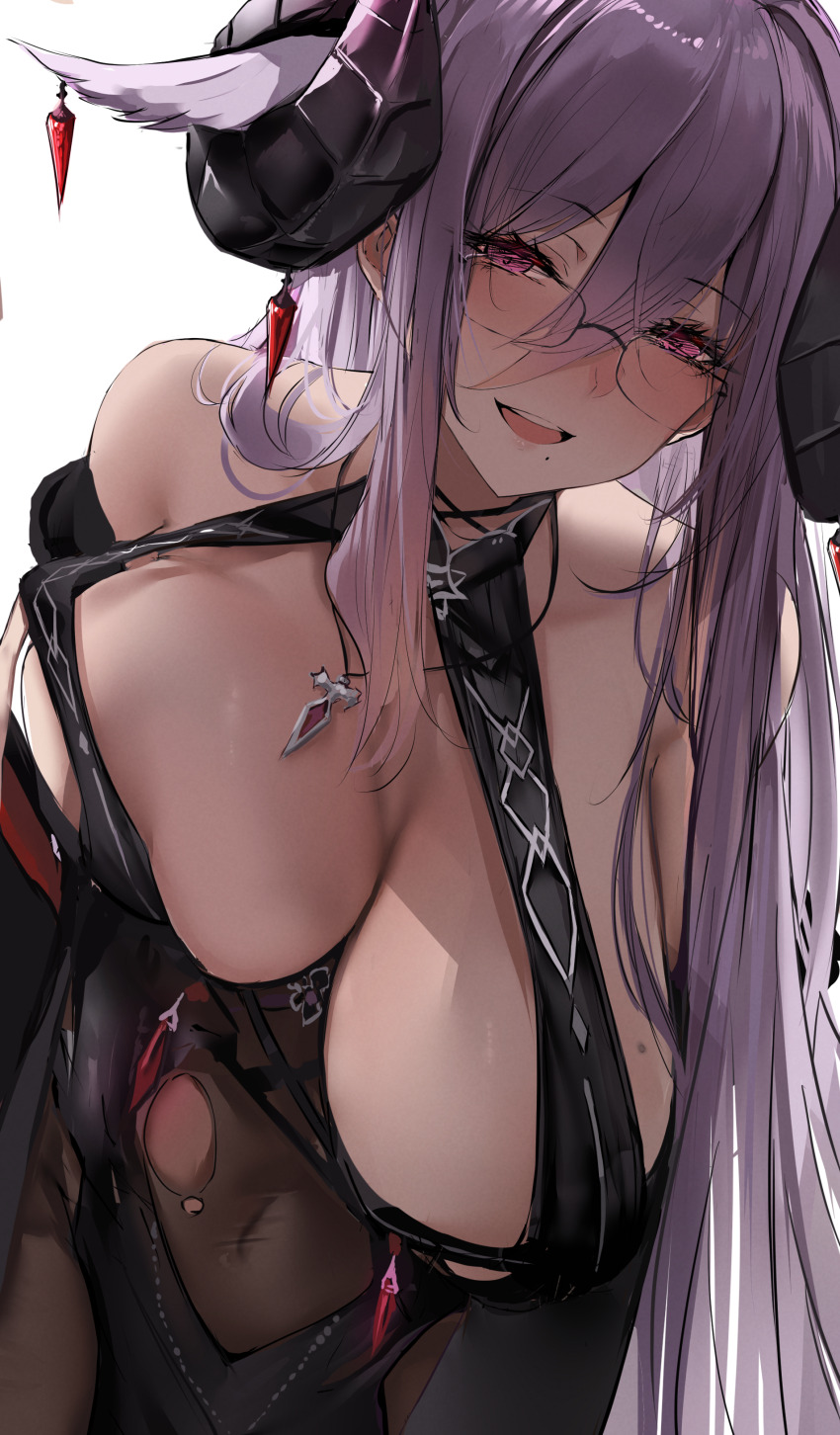 1girl, absurdres, azur_lane, bare_shoulders, black_horns, blush, breasts, covered_navel
