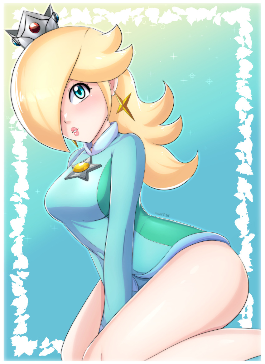 1girl, absurdres, aqua_leotard, athletic_leotard, blonde_hair, blue_eyes, blue_leotard, blush