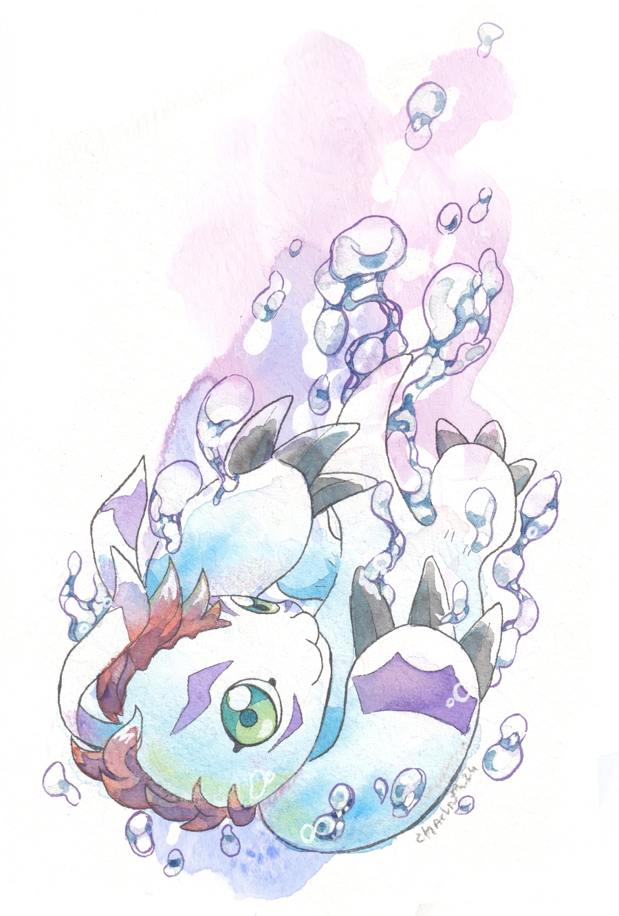 artist_name, bubble, chibicheu, colored_skin, digimon, digimon_(creature), gomamon, green_eyes
