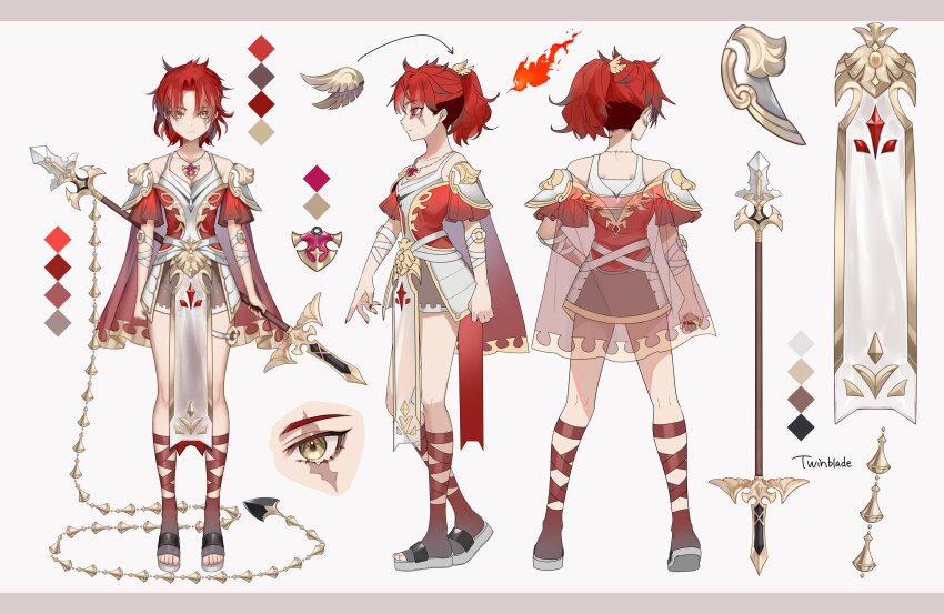 1girl, absurdres, amane_uta, armor, blaise_shinryu, cape, clenched_hand, collarbone, color_guide, eien_project, full_body, grey_hair, hair_ornament, highres, holding, holding_polearm, holding_weapon, jewelry, kneepits, multicolored_hair, multiple_views, necklace, pelvic_curtain, polearm, ponytail, red_hair, red_nails, reference_sheet, sandals, scar, scar_across_eye, scar_on_face, second-party_source, see-through_cape, shoulder_armor, spear, streaked_hair, virtual_youtuber, weapon, wing_hair_ornament, yellow_eyes